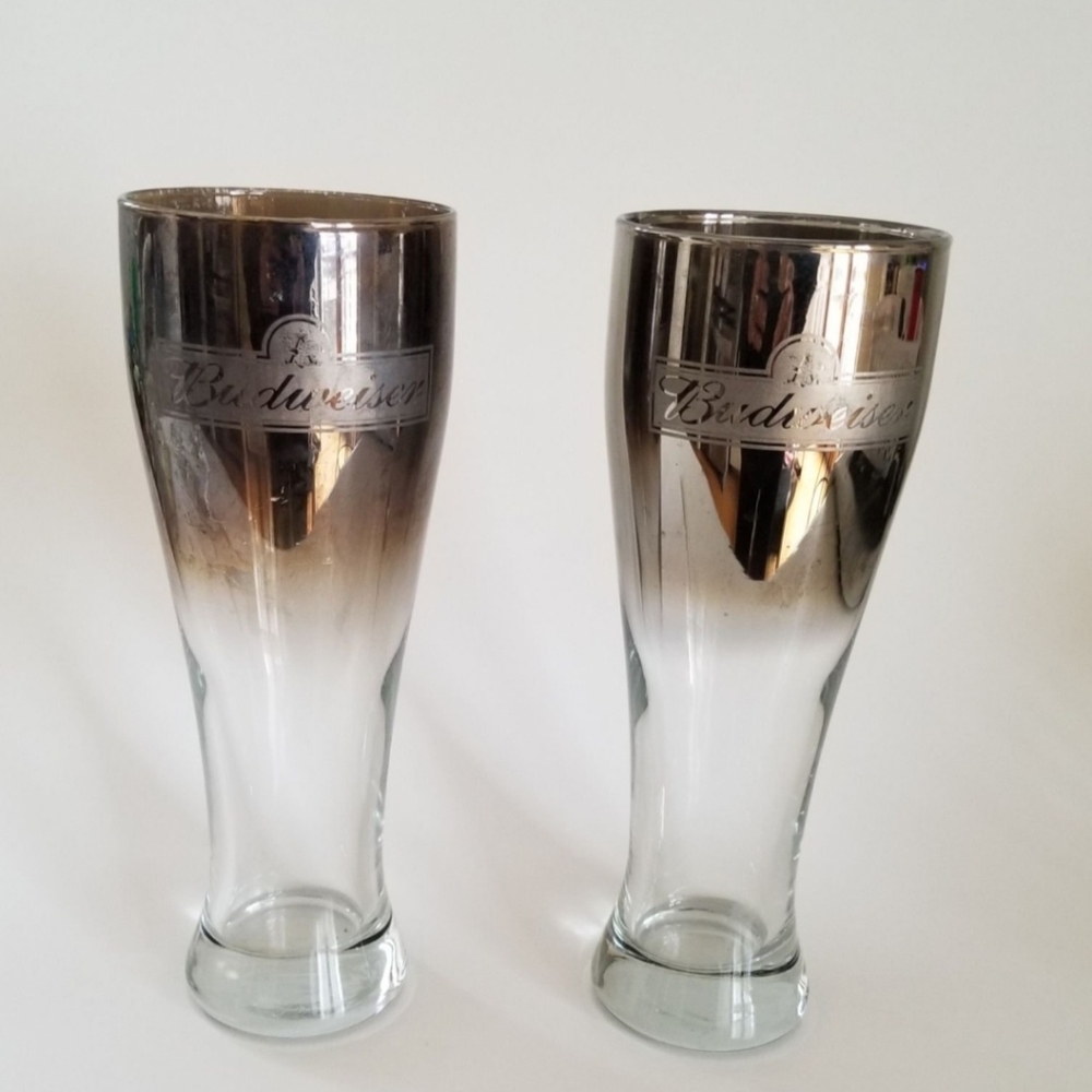 2 Vintage Budweiser Silver Fade Pilsner Beer Glasses Anheiser Busch Retro MCM